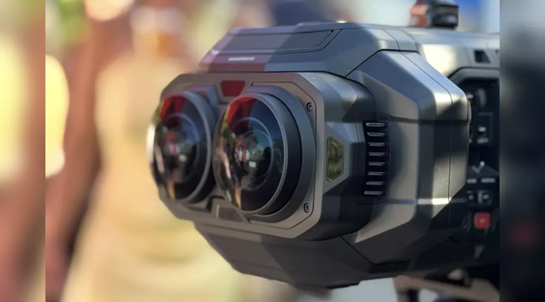 Close-up of a stereoscopic cinema camera with dual fisheye lenses