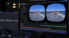 Editing workstation displaying a stereoscopic beach film