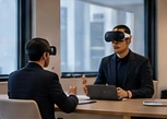 A client experiencing a headset demonstration in a meeting