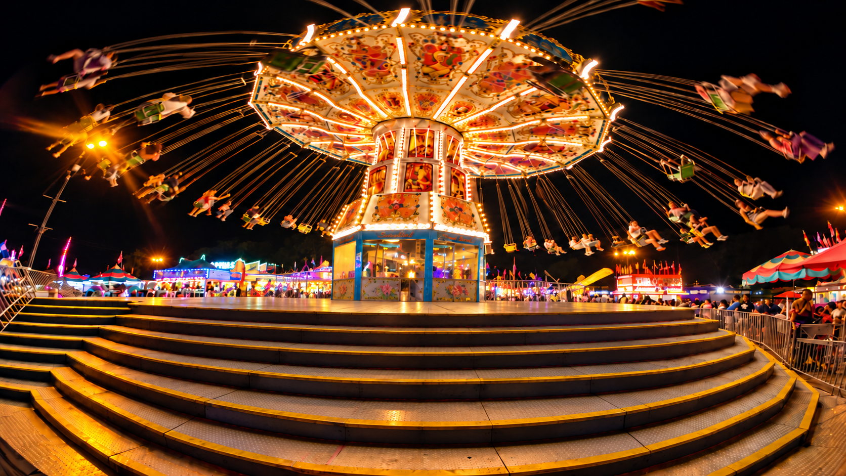 California State Fair 2026 — an illuminated swing ride at night, captured in 8K 3D VR180