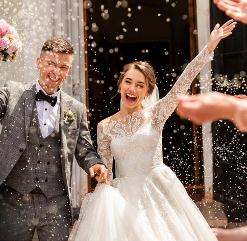 A bride and groom celebrating their wedding as confetti falls around them